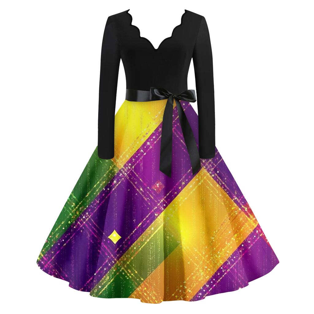 Women's Casual Fashion V Neck Long Sleeve Printed Vintage Long Dress