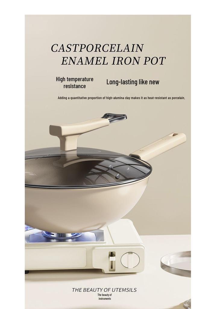 Titanium Ceramic Flat-Bottomed Non-Stick Stir-Fry Pan, Milk White, Wear-Resistant and Scratch-Resistant for Kitchen Use