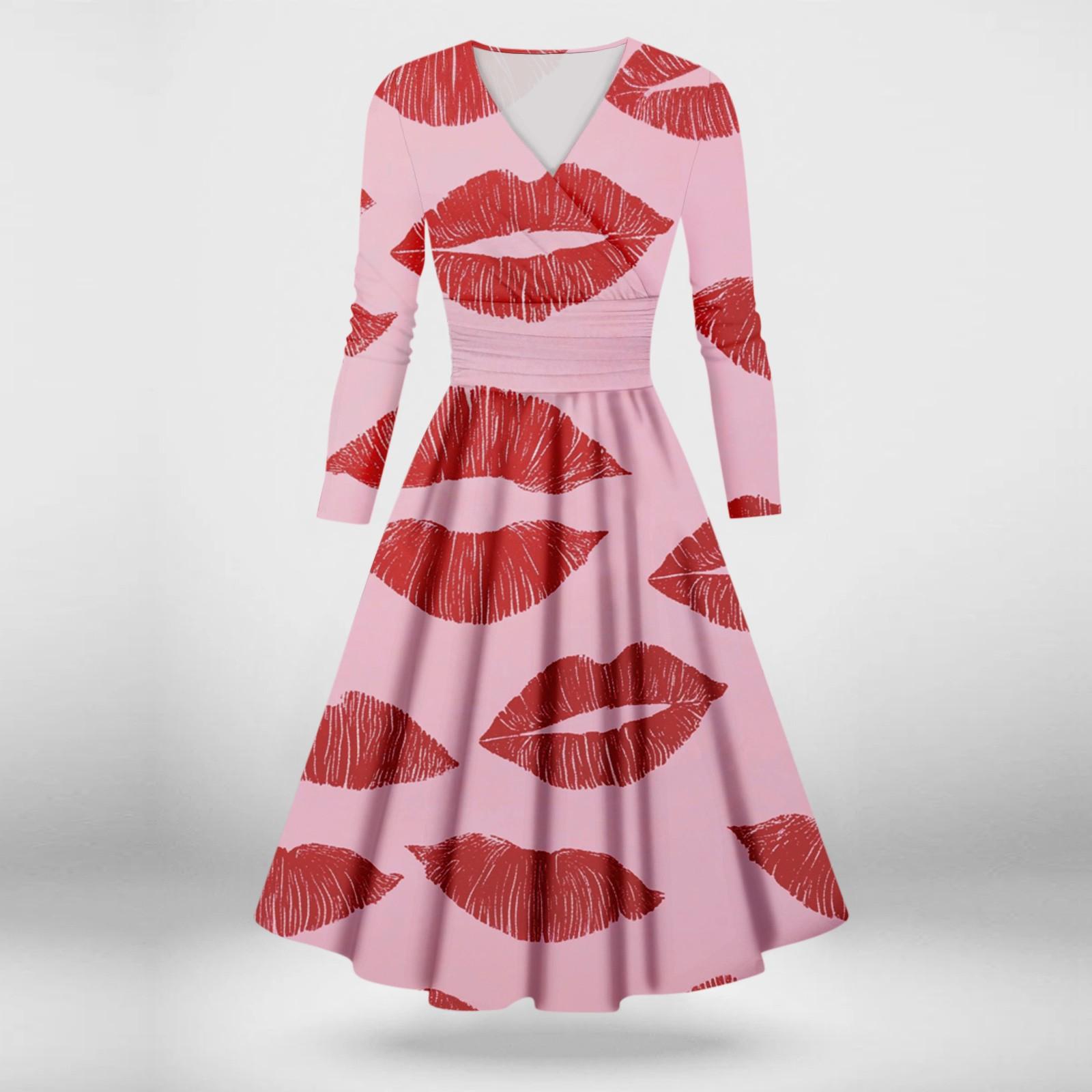 

Женское модное повседневное платье с принтом ко Дню святого Валентина, длинными рукавами и V-образным вырезом, сексуальное платье L красный