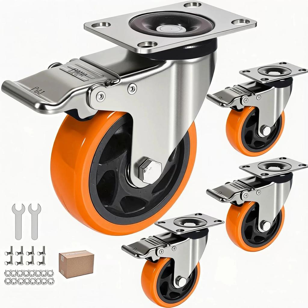 4 Pcs 3/4/5 Inch Medium Duty Orange Ventilated Floral Swivel Caster Wheel with Brake, Industrial Furniture Casters