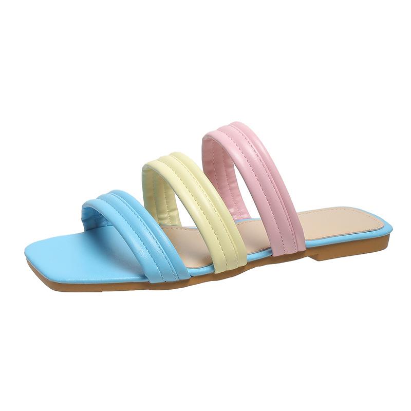 

Летние новые шлепанцы с квадратным носком и плоской подошвой, простые по цвету, пляжные шлепанцы, женские сандалии больших размеров 43 синий