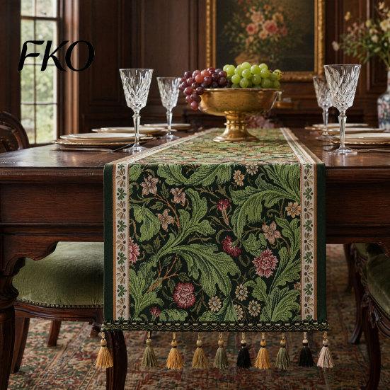 Table Runner Jacquard Floral Runner, Vintage Peony Farmhouse Heat Resistant with Tassels for Home Wedding Party
