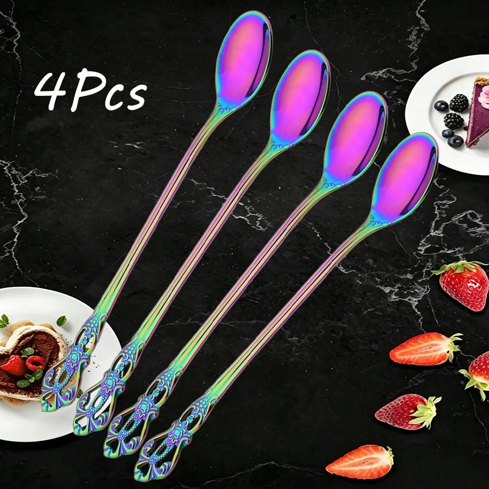 4Pcs Stainless Steel Long-Handled Ice Teaspoon Coffee Spoon Ice Cream Stirring Spoon Kitchen Accessories Tableware Set