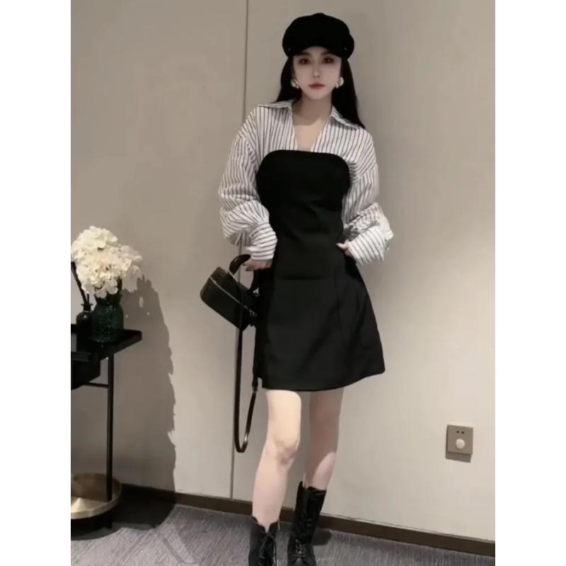 

Women s Striped Shirt Dress Autumn Winter Fake Two Piece Mini Dress M чёрный
