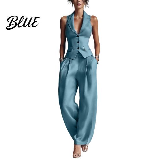 Women Two-piece Women's Summer 2 Piece Business Work Outfits Sleeveless Button Slim Fit Suit Down Vest And Wide Leg Pants Matching Set Clothing