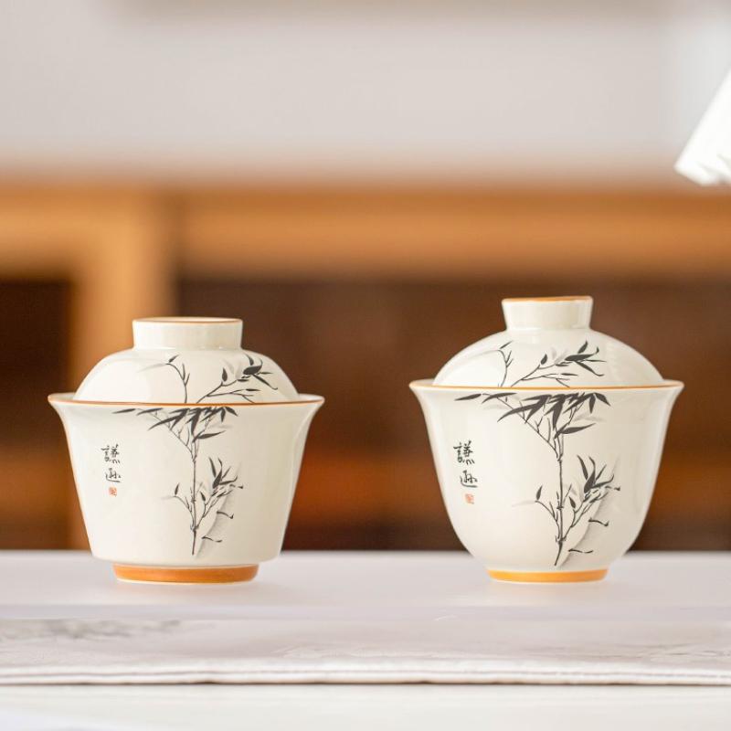 Plant and Wood Ash Ercai Cover Bowl, Ink Bamboo Gathering Wealth with Cover, Tea Bowl Ceramic Drinking Cup, Single Tea Set