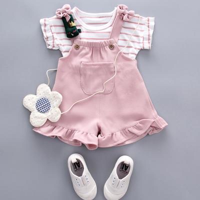 Summer Girls Babies Cute Striped Short Sleeved New Small Medium Sized Children's Shoulder Strap Short Sleeved Set Two-piece