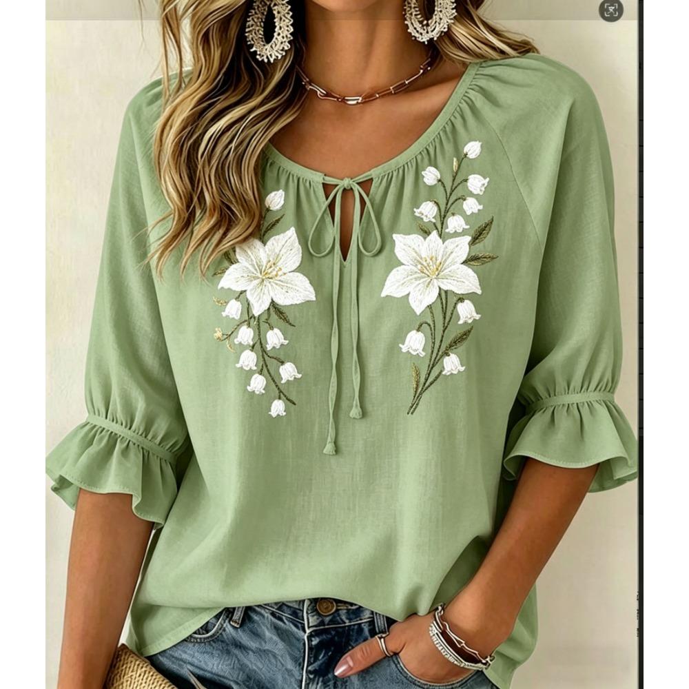 Women's Black Purple Floral Print Tie Neck Blouse, Casual Loose Tops for Spring Summer Daily Wear & Vacation Occasions