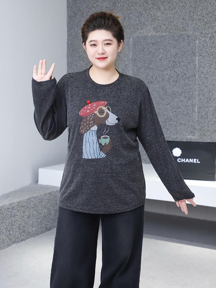 2025 Winter Korean Round Neck Loose Pullover Plus Size Women's Printed Top 