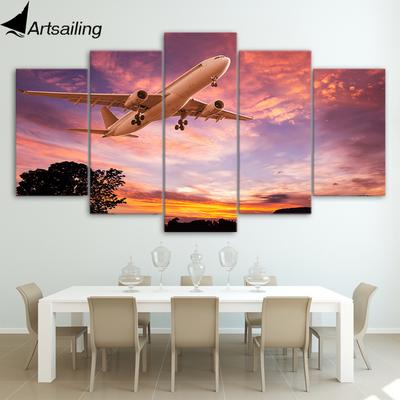 Artsailing Druckgemälde auf Leinwand, Sonnenuntergang, Himmel, Flugzeuggemälde, Landschaftsbild, Flugzeug, moderne Hausdekoration, 5-teilig