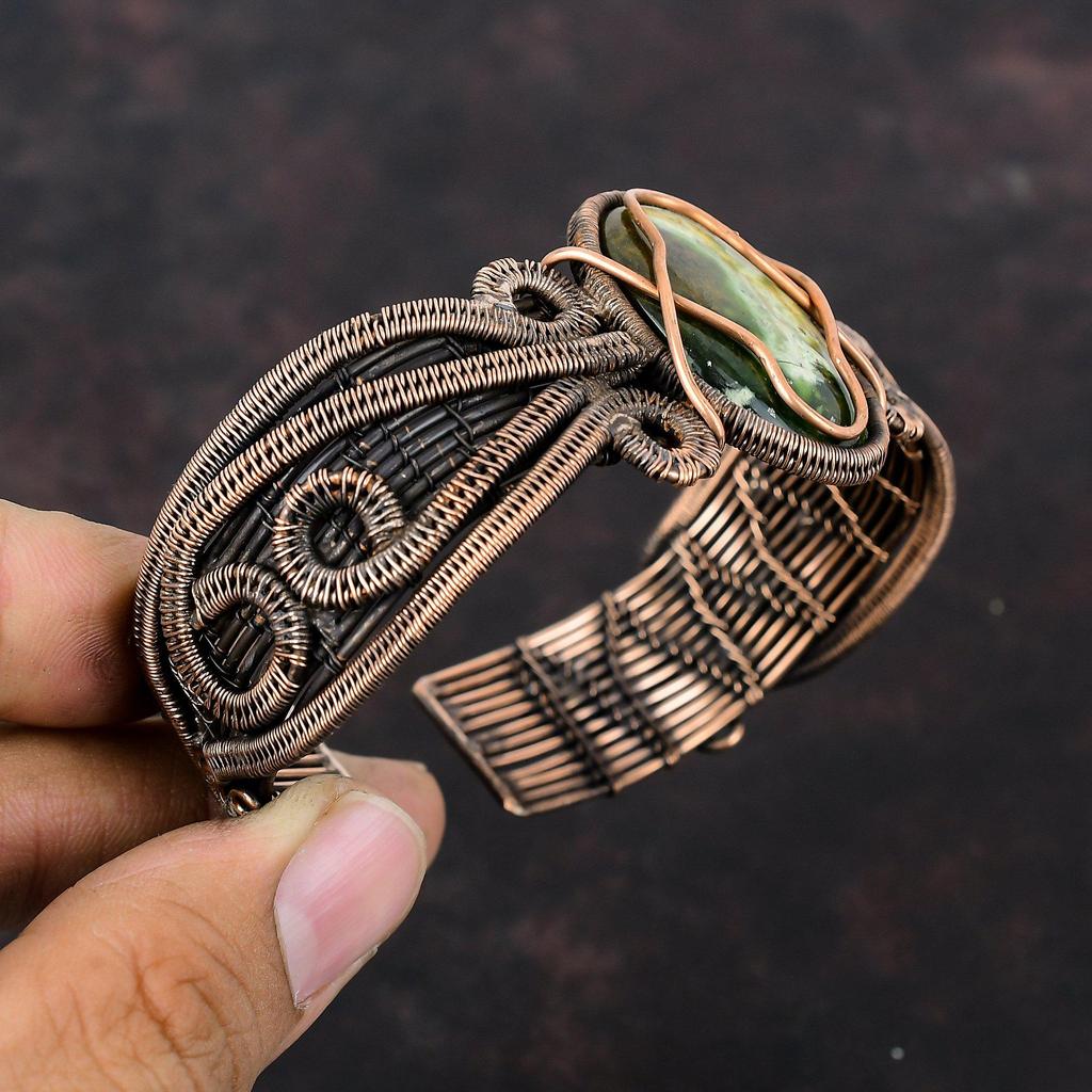 Australian Chrome Chalcedony Bangle Copper Wire Wrapped Cuff Bracelet Adjustable Bangle Gemstone Bangle Handmade Copper Jewelry Gift For Him