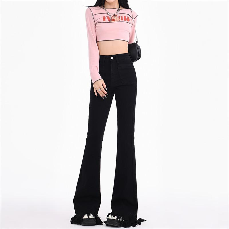 Retro Breasted High Waist Slim and Slightly Flared Jeans for Women's Spring New Style Floor-sleeved Horseshoe Pants