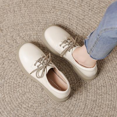 Genuine Leather Thick Sole Lady FootPairs with Mid-mouth TieString Tie with Long Stockings Skirt for Daily Office Work and British Leather FootPairs