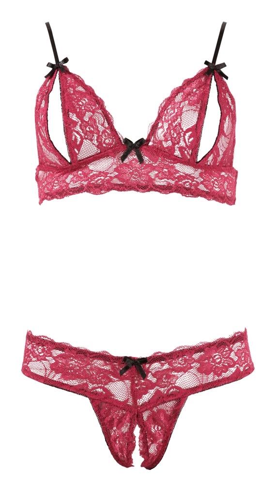 Cottelli LINGERIE - Sexy Open Bra + Crotchless Thong Red S