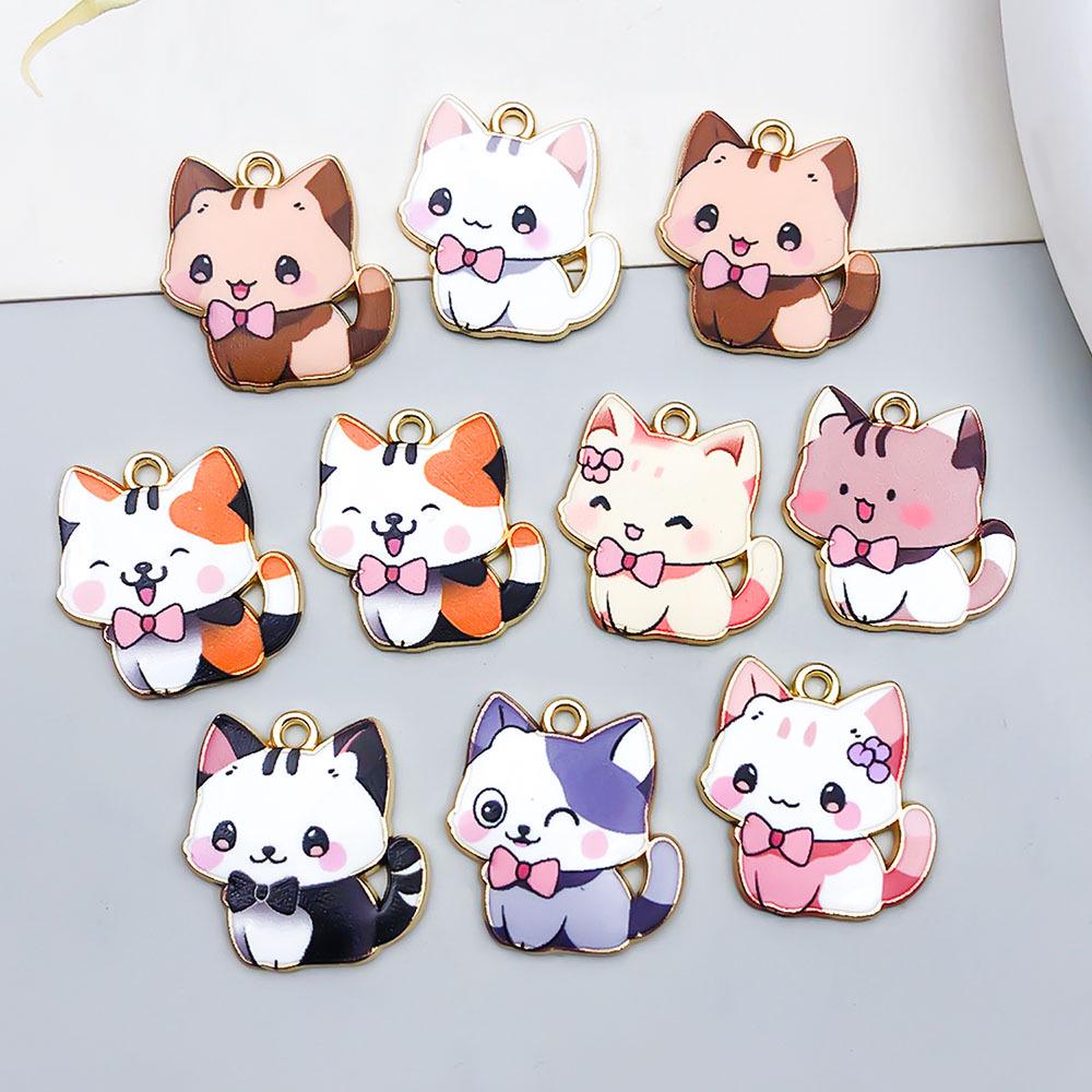 Colorful Enamel Alloy Cat Charms for DIY Bracelets - Set of 10