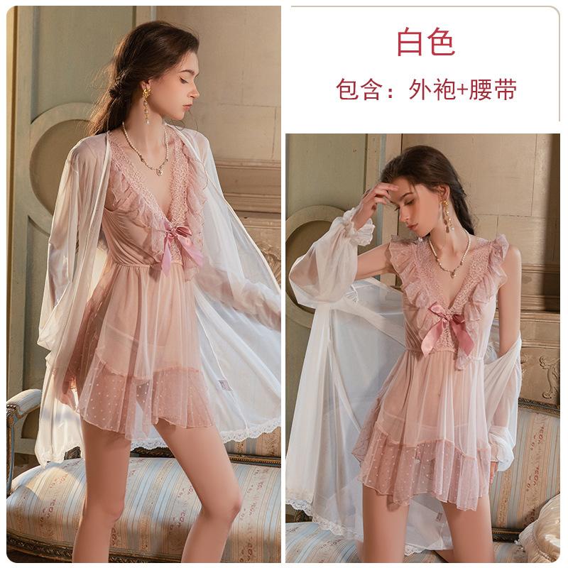 Women's Plus Size Sheer Mesh Bow Backless Sleep Dress with Robe Lingerie Set