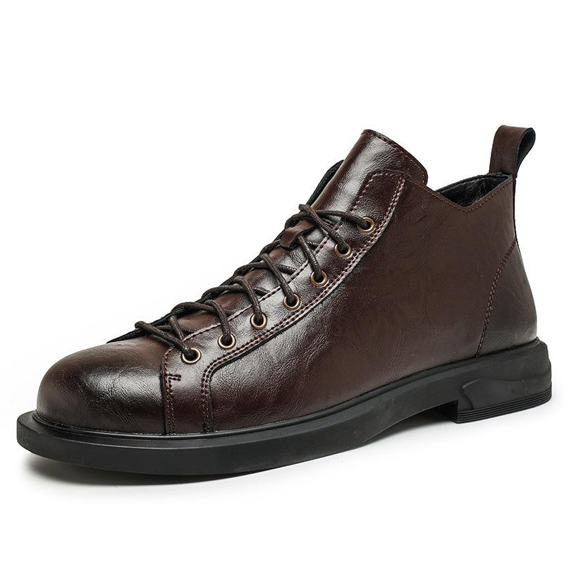 2026 Autumn and Winter British Retro Martin Boots Men's Round Head Lace-up Soft Sole Medium Help Tooling Leather Boots Genuine Leather Short Boots Men