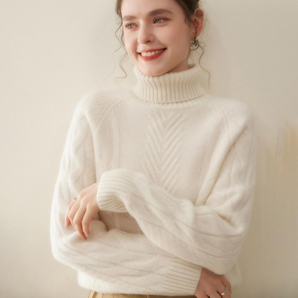 Elegant Women's High-Neck Cashmere Sweater: Double-Ply Thick, Large Cable Knit, Perfect for Autumn & Winter