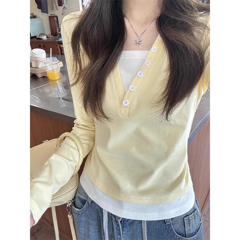 

Early Autumn Milk Yellow Slimming Two-Piece Long Sleeve Women s Short T-Shirt 2025 XXL (135-150 jin)