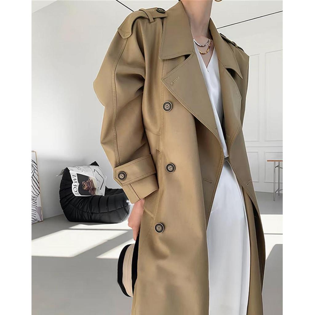 2025 Damen Khaki Midilanger Trenchcoat: Britischer Stil, Taillenformend, Lässige Eleganz.