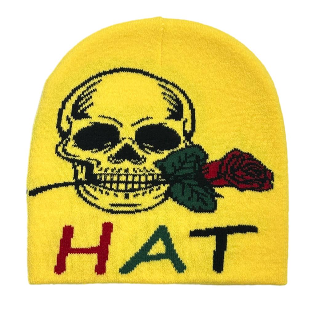 Knit Skull&Rose Beanie Hat for Students Adult Windproof Foldable Winter Hat Handmade Halloween Keep Warm Cycling Hat