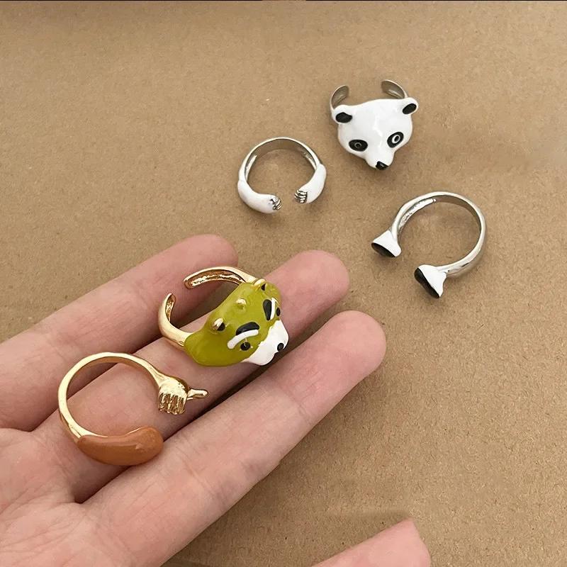 3pcs/set Cool Funny Design Sense Animal Enamel Panda Fox Metal Combination Rings Girls Creative Party Jewelry Christmas Gifts