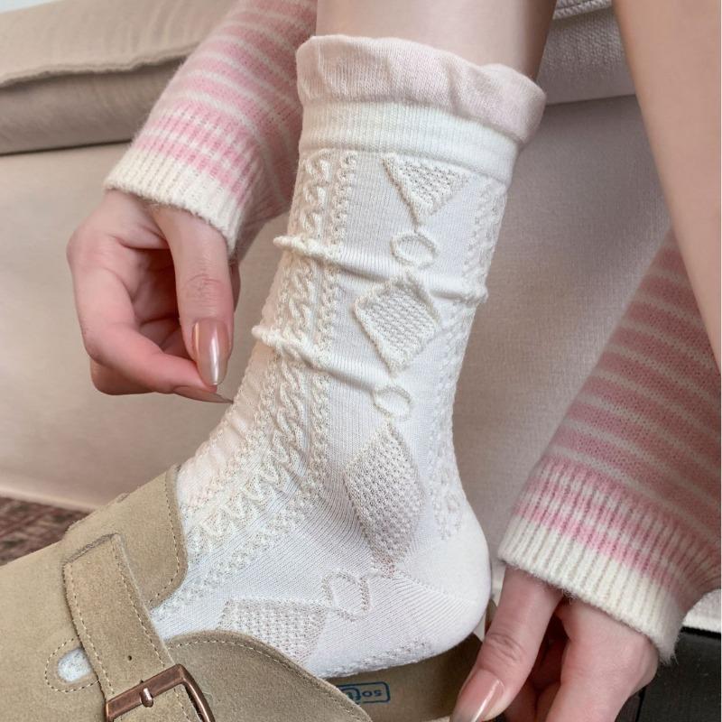 Pink Floral-patterned Socks - Spring and Summer Pile Socks, Simple Lace-edged Bow Tie Ankle-length Socks