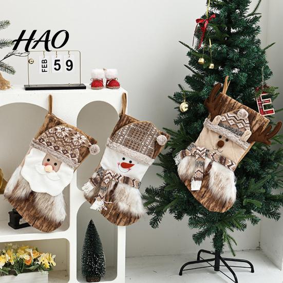 Christmas Scene Setup Decor Large Stockings, Santa Snowman Elk Design Plush Hanging Bag, Xmas Tree Pouches Rustic Plaid Socks for Fireplace