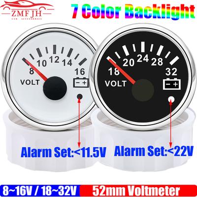 7 Color Backlight 52mm Voltmeter with Alarm 8~16V VOLTS 18~32V Voltage for Gasoline Diesel Automobile Car Marine 12V 24V