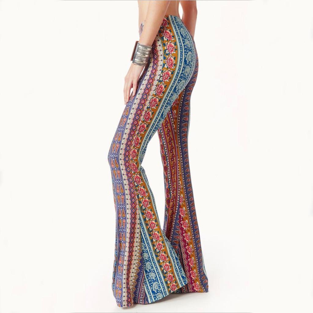 Women spring and summer tight-fitting hip retro rose print big bell-bottom pant M красный