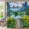 1Pc Extra Long Bathroom Curtain - Serene Landscape With Wooden Path, Tranquil Pond, Misty Mountains & Yellow Wildflowers