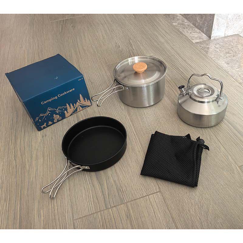 3-Piece 304 Stainless Steel Camping Cookware Set: Kettle, Frying Pan, Cooking Pot with Utensils