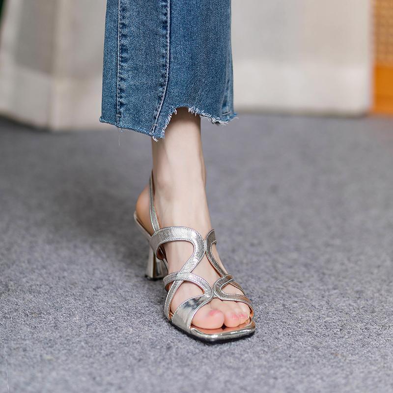 French New Gold Square Head Open-toed Sandals Women's Rear Strap Hollowed Out Summer Silver High Heels Women's Thin Heel Versatile