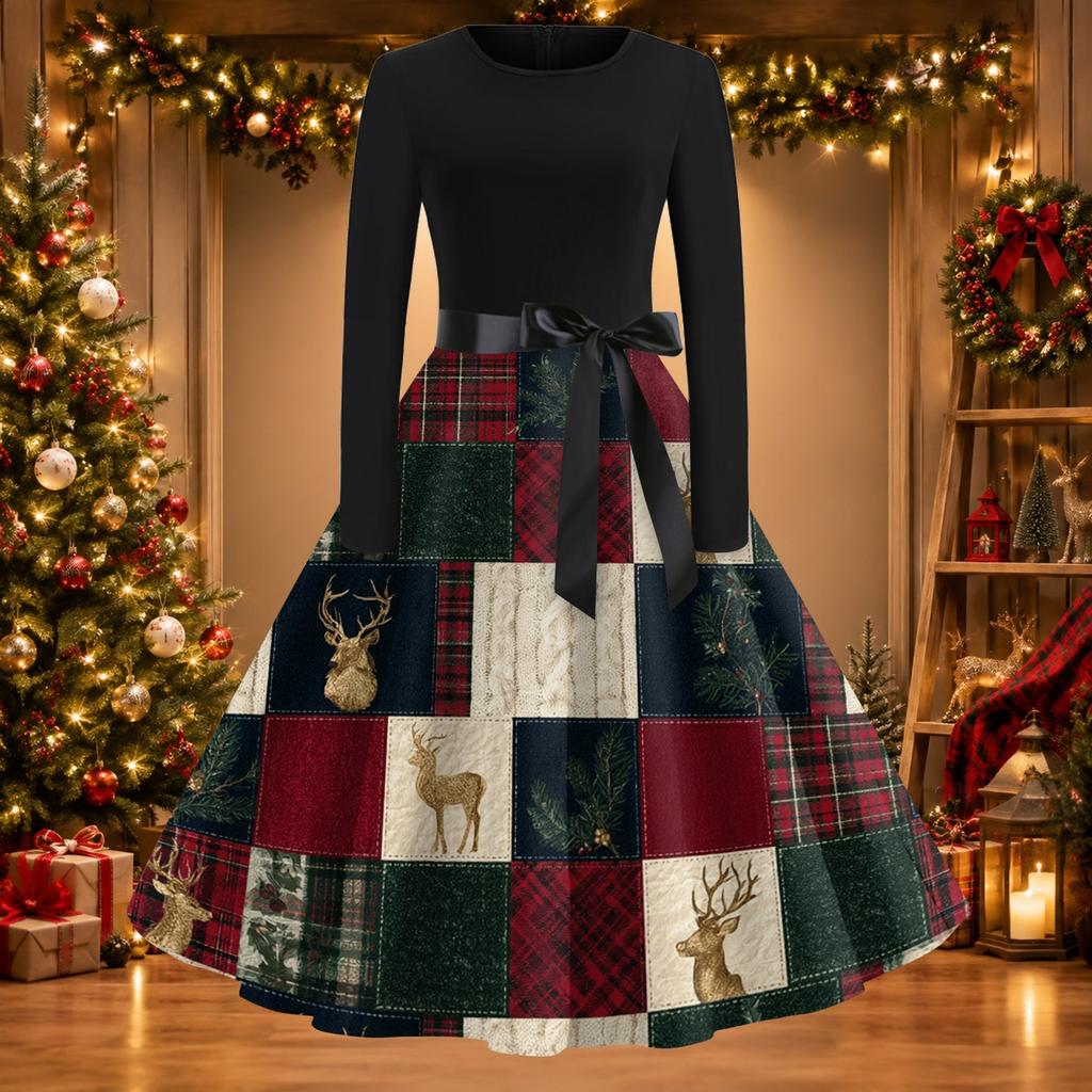 Women's Casual Vintage Christmas Print Neck Dress for Holiday Party