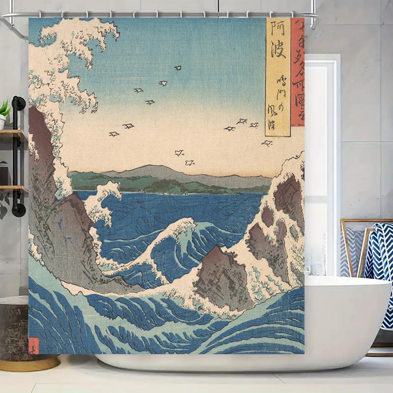 

Ocean Wave Shower Curtain – Japanese Art Print Decor for Bathrooms Soft Fabric Material Waterproof Bathroom Accessories Blue Wat 90x180cm