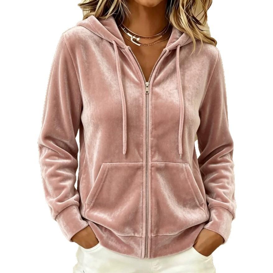 Women's 2026 Women's Autumn and Winter New Casual Commuter Solid Color Drawstring Hooded Zipper Long Sleeve Sweater