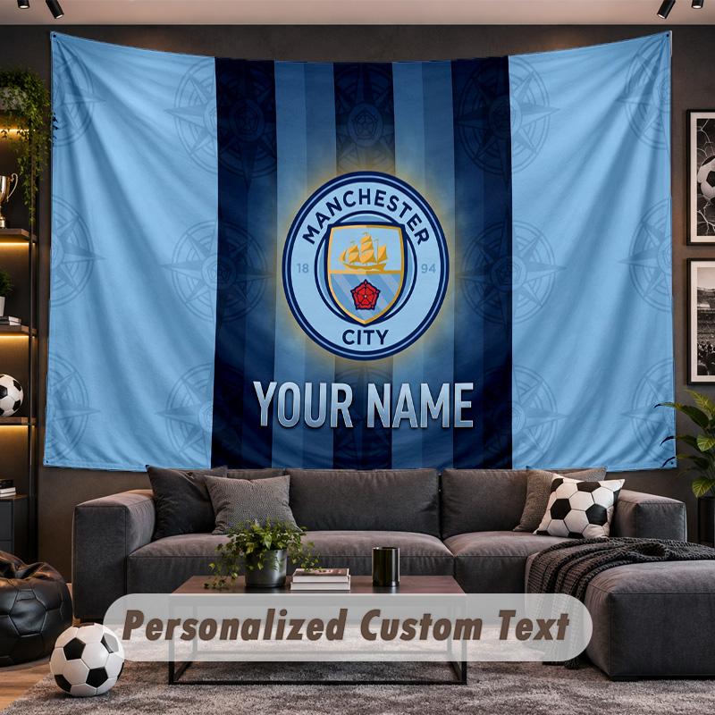 Manchester City Personalized Tapestry Support Custom Name, Wall Art Home Decoration