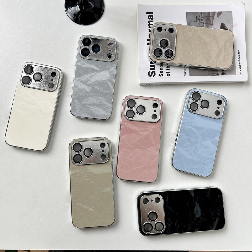 Plating Learther Phone Case for iPhone 17 Air 16 13 14 11 12 15 Pro Max Plus Case Camera Lens Protector Hard Cover