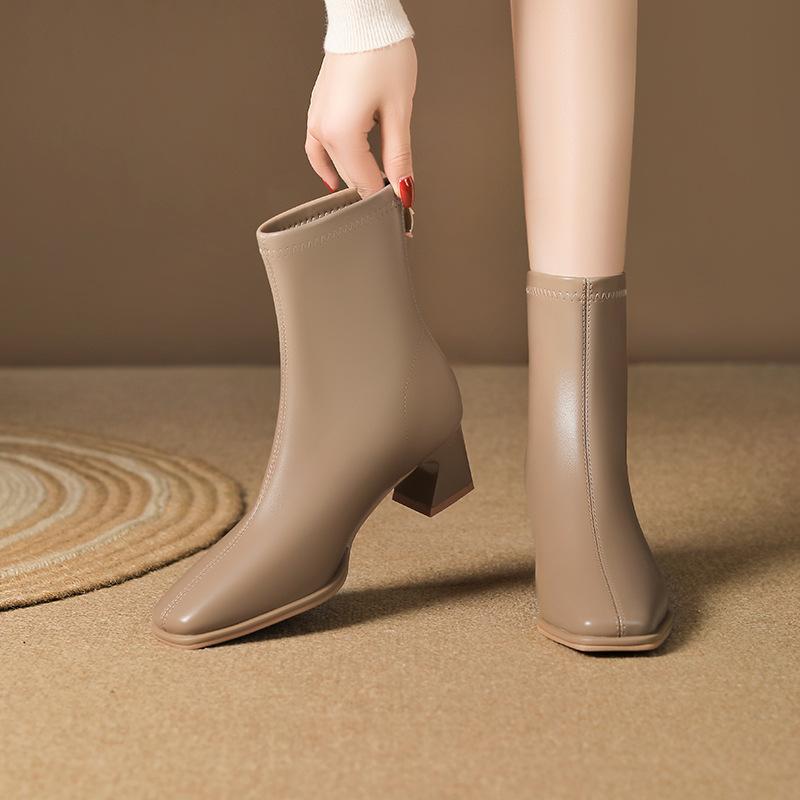 French thick heel short boots women's autumn and winter new commuting zipper elastic square head fashionable versatile medium tube thin boots
