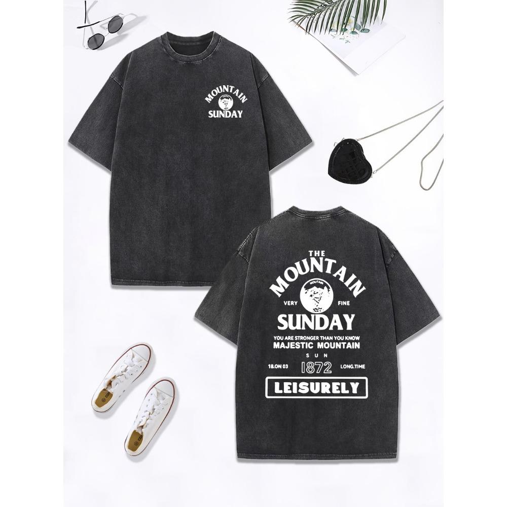 

Sunday Leisurely Go To Mountain Printing Washed T-Shirt Women Cotton Oversized Tops O-Neck T Shirt Casual Clothes 3XL