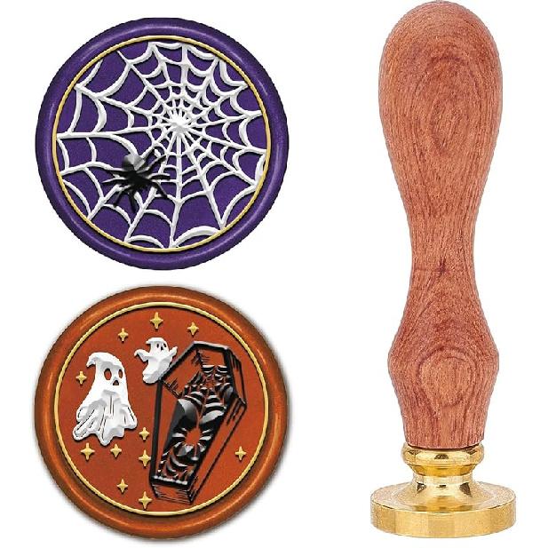CRASPIRE 2 Style Happy Halloween Wax Seal Stamp Set Brass Sealing Stamp Heads + 1pc Wood Handle Removable Witch Hat Bat Ghost Kit for Decorating