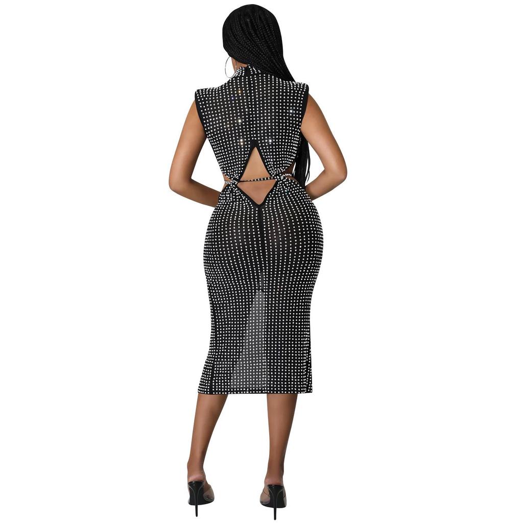 Damen Sexy Netz Durchsichtig Heißer Strass Hohl Schlitz Kleid C5796