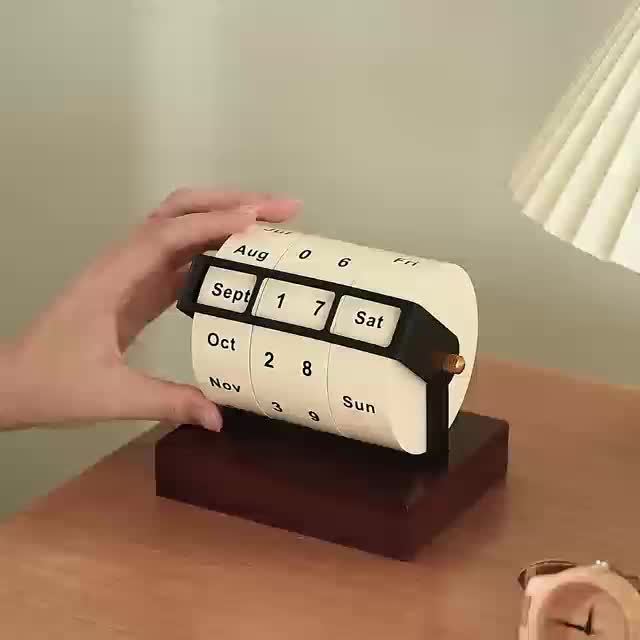 2025 New Model Retro Mechanical Style Rotating Wheel Perpetual Calendar Solid Wood Base, Monthly, Day Indicator, Natural Wood Finish