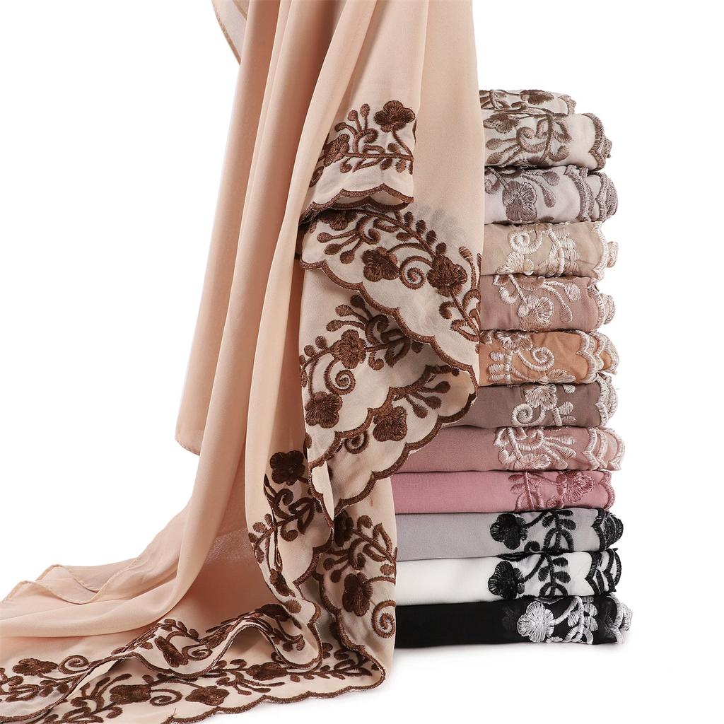 Embroidery Lace Chiffon Hijabs For Women Vine Heavy Pearl Industry Edge Long Scarf Light Scarf Headscarf Shawl Turban Ramadan