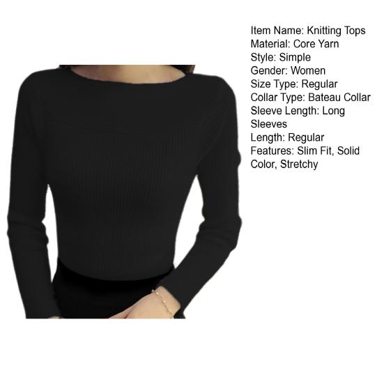 Women Knitting Tops Bateau Collar Long Sleeve Slim Fit Pullover Tops Solid Color Stretchy Bottoming
