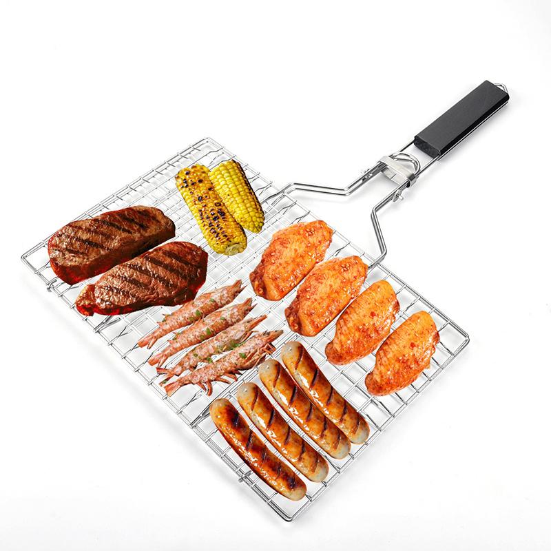 Grilling Basket Folding Portable Outdoor Camping Stainless Steel BBQ Rack with Removable Handle Barbecue Griller Cooking Tool
