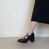 French retro square head delicate silent thick heel Mary Jane shoes high heel small elastic band single shoes small leather shoes
