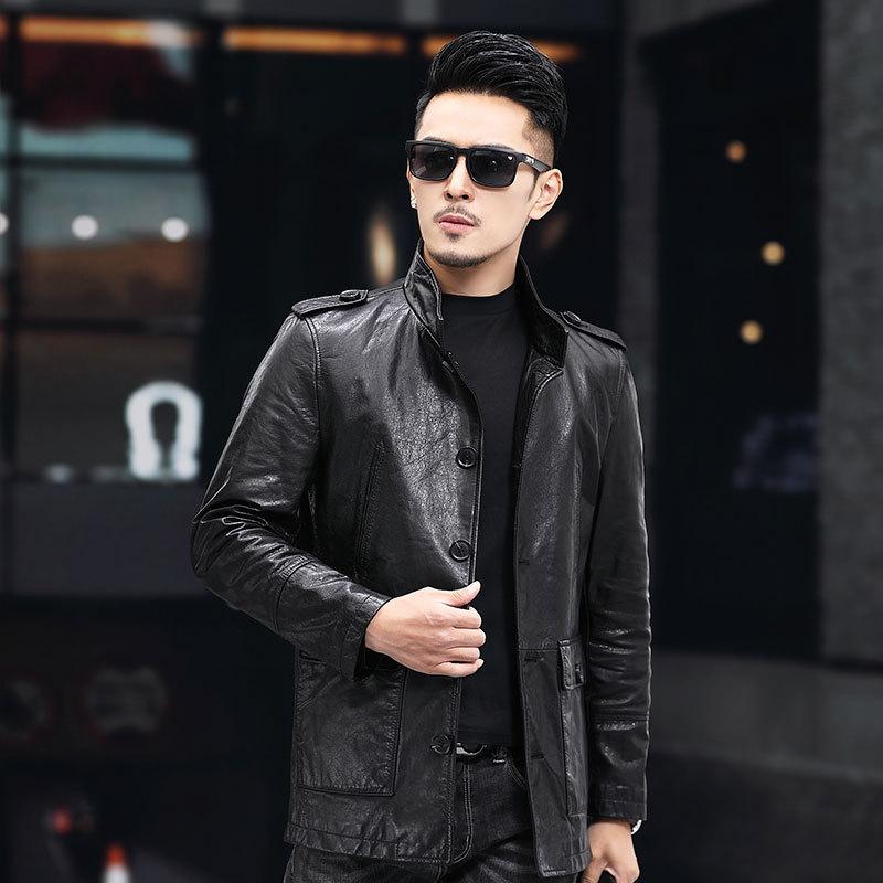 

Мужская ветровка из натуральной кожи, пальто из вощеной овчины, новая куртка средней длины с воротником, модное пальто 4XL