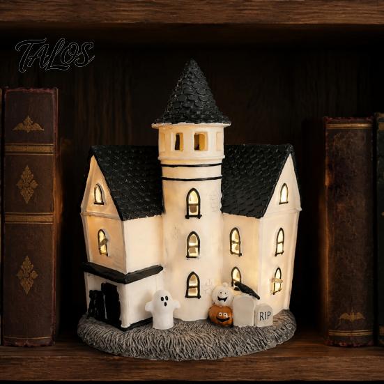 Spooky Tabletop Decoration Vintage Light-Up Cottage Halloween Decoration, Gothic Ghost Pumpkin Village House Decorative Mantelpiece Items Figurine,