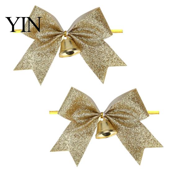 Decorative Bows with Bells 2 Pcs Christmas Bell, 4 Inch Glitter Ribbon Bows, Pre Tied Hanging Holiday Ornaments Xmas for Gift Wrapping, Wreath, Tree,